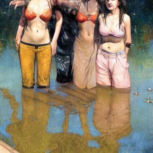Image similar to women coming out of pond, by jon foster