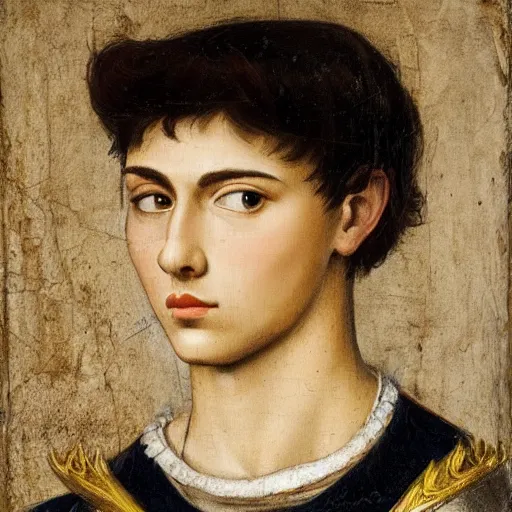 Image similar to a handsome Spanish teenage boy with dark hair and blue eyes, sharp jawline with a light beard, done in the style of a renaissance royal portrait