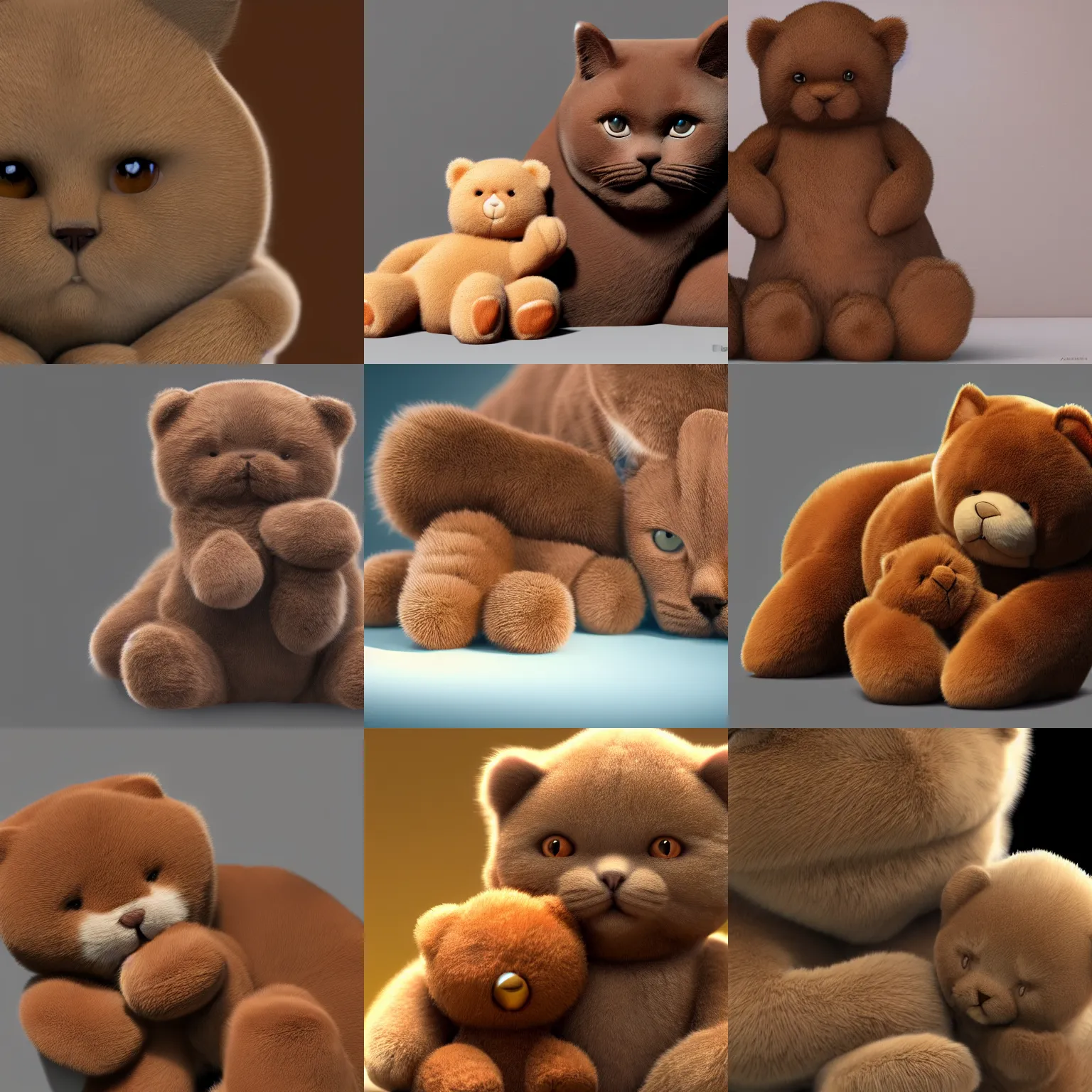 Prompt: realistic image of a brown british shorthair cat hugging a fluffy teddybear, hd, artstation, award winning, 4k wallpaper