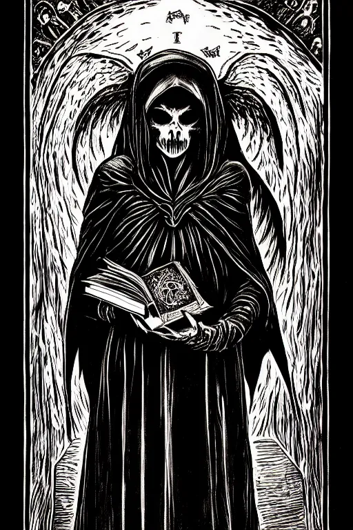 Image similar to dark angel holding a book of necronomicon, tarot card, illustration by lady frieda harris, symmetrical, cinematic, sharp focus, 4 k, ultra hd, sense of awe, sinister demonic atmosphere, dreadful, forbidden knowledge, old gods. demonology