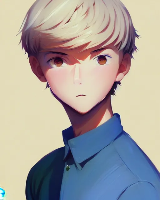 Image similar to teen boy with buzzed hair, blonde, bangs, blue eyes, bushy eyebrows, goofy grin, portrait shinkai makoto studio ghibli studio key hideaki anno sakimichan stanley artgerm lau rossdraws james jean marc simonetti elegant highly detailed digital painting artstation pixiv