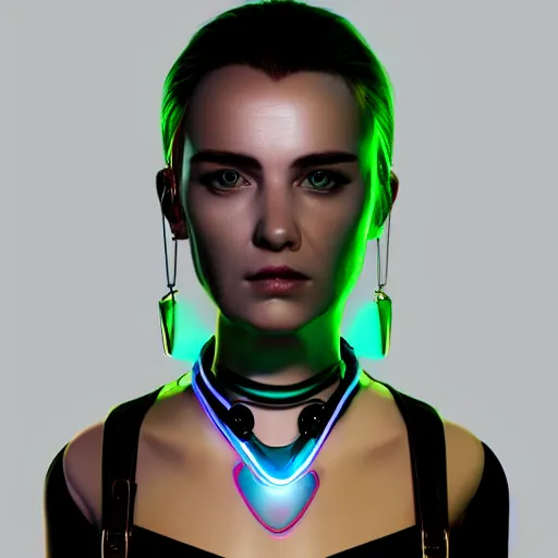 Image similar to headshot portrait of cyberpunk woman wearing thick steel choker around neck, 4K, detailed face, collar on neck, realistic, artstation, cyberpunk style, neon,