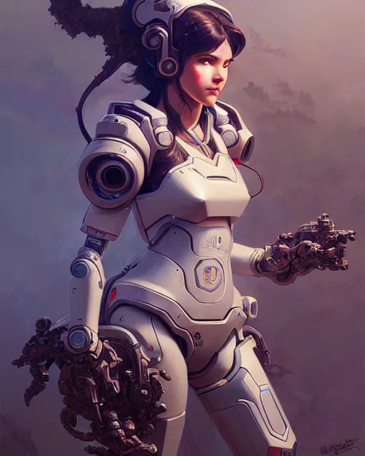 Image similar to d. va from overwatch, character portrait, concept art, intricate details, highly detailed by greg rutkowski, michael whelan and gustave dore
