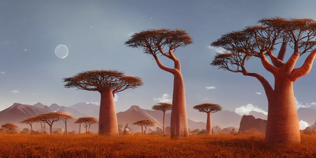 Prompt: a Malagasy dream landscape with baobab trees and snowy mountains in the background in the evening, film still, concept art, digital drawing, highly detailed depth of field