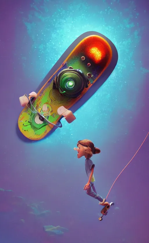 Image similar to tiny skateboard, volcano, floating, rbc, radiolaria, protophyta, micro - organisms, center frame, symmetric, rim light, marine microbiology, bioluminescence, electric, fur, soft, concept art, intricate details, highly detailed, colorful, photorealistic, disney pixar, octane render, iridescent, anime, 8 k