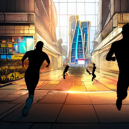 Prompt: landscape view of people running from a giant bitcoin in the city, cyberpunk art, photorealism, light behind