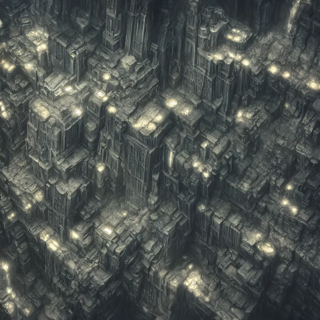 Image similar to inception lovecraft city carved from rock underground another inverted upside down above, artstation, cinematic warm volumetric lighting