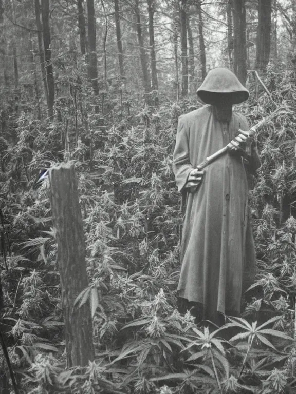 Image similar to grim reaper in cannabis forest, ww1 photo, grainy, high detail, high resolution,