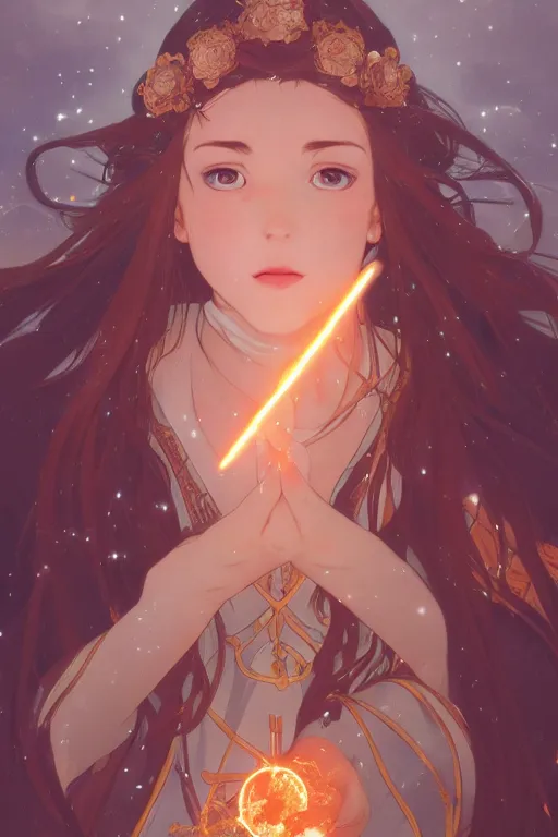 Image similar to a cute wizard girl conjuring a lightening ball, character art portrait, anime key visual, official media, illustrated by alphonse mucha, wlop, extremely detailed, 8 k, trending on artstation, cinematic lighting, beautiful