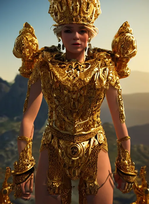 Prompt: a photo of 8 k ultra realistic golden humanoid princess standing next to a beautiful view, ornate white officers outfit, cinematic lighting, trending on artstation, 4 k, hyperrealistic, focused, extreme details, unreal engine 5, cinematic, masterpiece