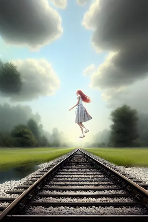 Image similar to shallow reflective water completely covers submerged invisible train tracks as a girl carries her shoes, there is a train station in the distance and large white clouds on a wide horizon, intricate, elegant, highly detailed, digital photo, artstation, concept art, smooth, sharp focus, art by artgerm and greg rutkowski and fra angelico