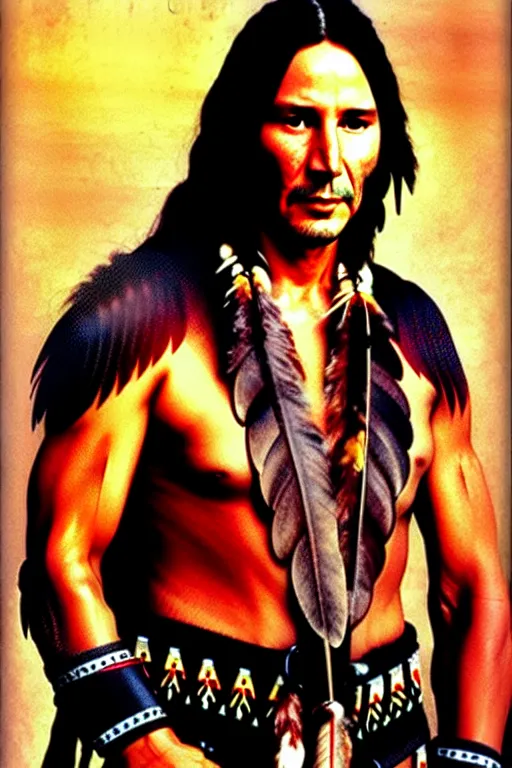 Image similar to Photo of Native American indian man Keanu Reeves, portrait, skilled warrior of the Apache, ancient, realistic, detailed, Keanu Reeves