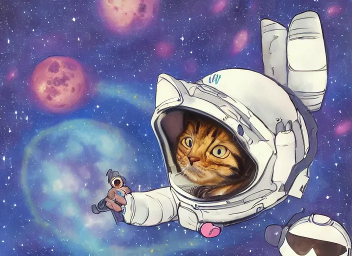 Prompt: painting of a cat dressed as an astronaut with helmet, cute, calico, stars, galaxies, planets, moons, space walk, overwatch, winston, stuido ghibli, kotaro mori