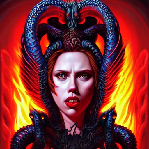 Prompt: demonic hell portrait of scarlett johansson as queen of hell, fire and flame, big long hell serpent dragon octopus, Pixar style, by Tristan Eaton Stanley Artgerm and Tom Bagshaw.