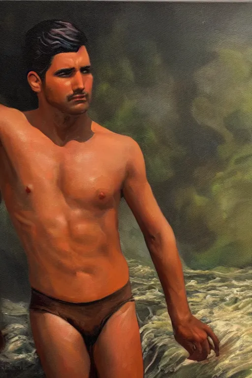 Prompt: a dramatic painting of a handsome brown shirtless cowboy | background is a torrential flooding river | tarot card, art deco, art nouveau | by Mark Maggiori | trending on artstation