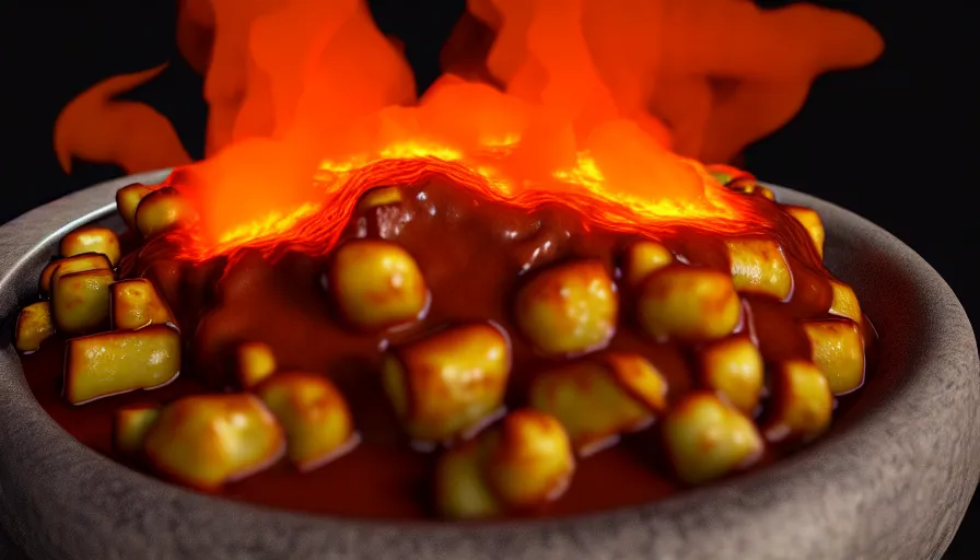 Prompt: poutine ( the canadian meal ) from mount doom, volcano texture, lava texture, fire texture, cheese curds texture, 8 k, octande render, unreal engine 5, surface blemishes, hdr