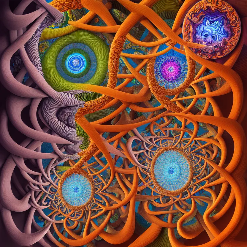 Image similar to 3 d render of infinite fractals of consciousness, recursion, symbols, surreal, by salvador dali and mc escher and alex grey, oil on canvas, hd, dreams, intricate details, warm colors, octane render