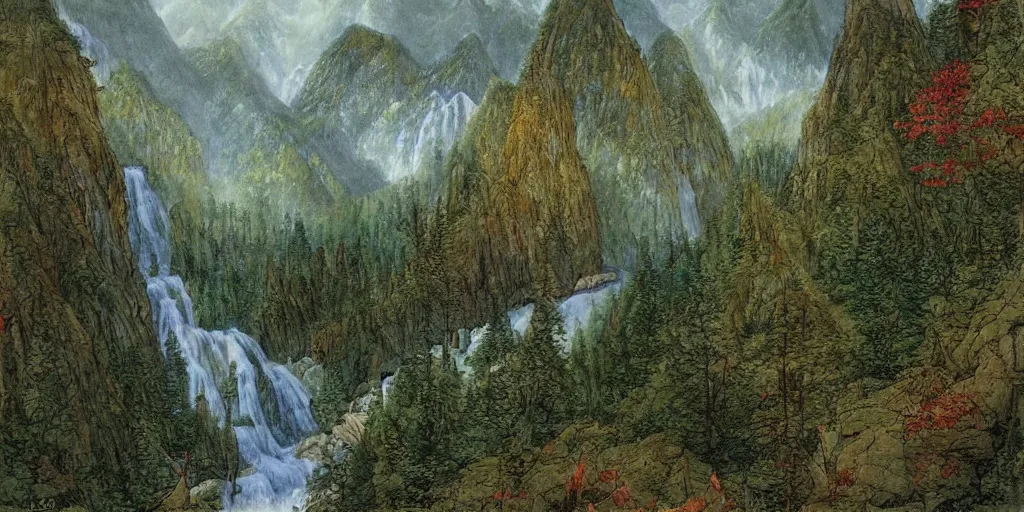 Image similar to art by john howe of the cinematic view of the jiuzhaigou valley forest