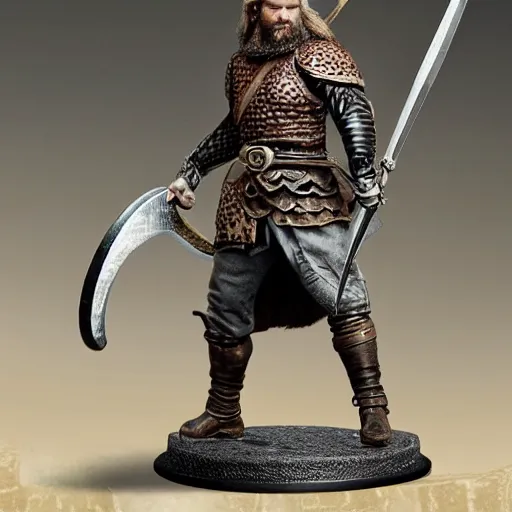 Image similar to of a viking from valhalla, wearing the horned helmet ultra fine detail, hair strands, ultra high resolution, fine texture detail, miniature painting techniques, perfect proportions, marvel cinematic universe, eric bana