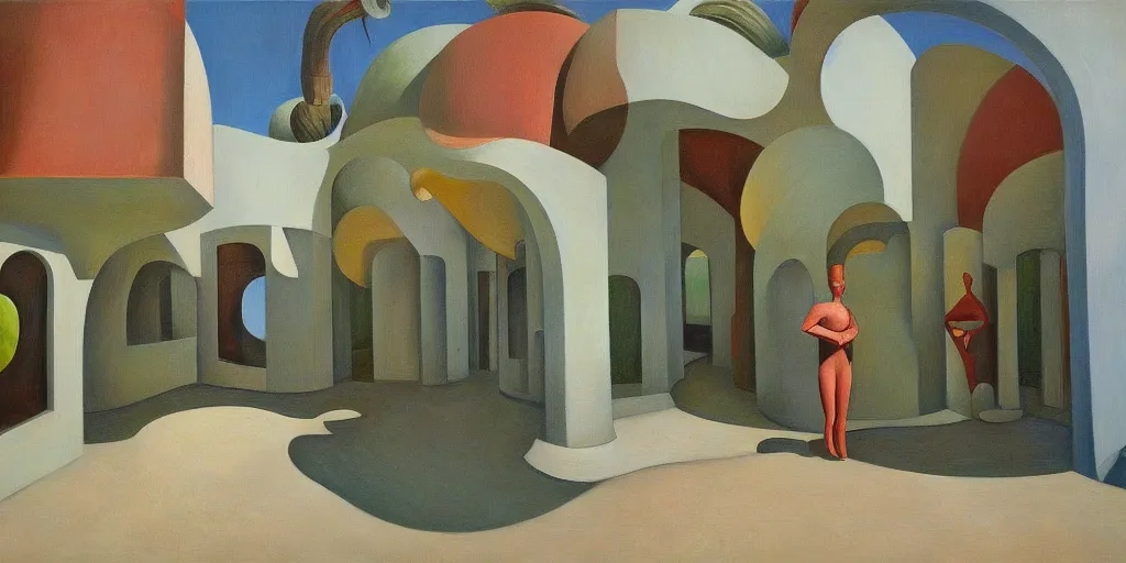 Image similar to biomorphic architecture, fantastical courtyard, grant wood, pj crook, edward hopper, oil on canvas