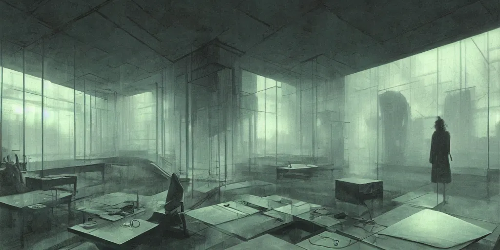 Prompt: a dystopian office interior with huge holographic displays everywhere, beksinski and syd mead cinematic matte painting