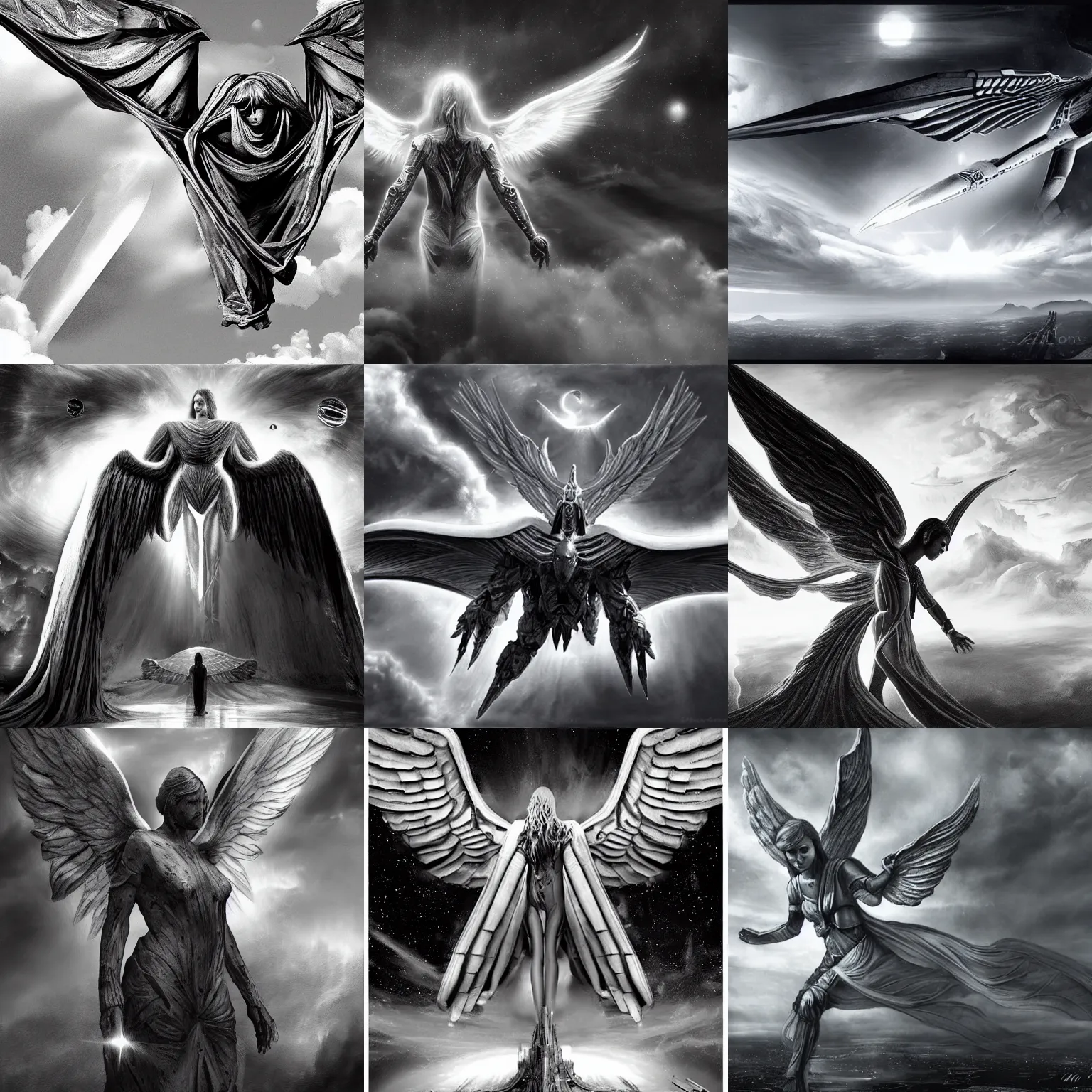 Prompt: a giant spaceship in the shape of an angel, black and white, realistic painting, high definition, digital art, matte painting, very detailed, realistic