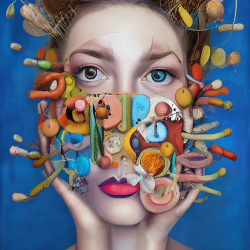 Image similar to a painting of a woman's face with many different things on her face, a surrealist painting, behance contest winner, pop surrealism, surrealist, detailed painting, poster art