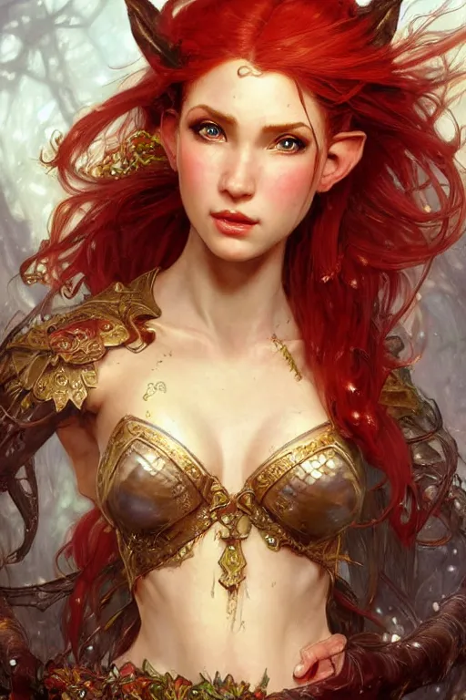 Image similar to alluring highly detailed close-up portrait of beautiful elf girl with red hair wearing a fantasy outfit, very detailed, realistic, by Stanley Artgerm Lau, greg rutkowski, thomas kindkade, alphonse mucha, loish, norman rockwell J.