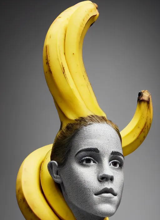 Prompt: surreal banana sculpture of emma watson, banana art, studio lighting