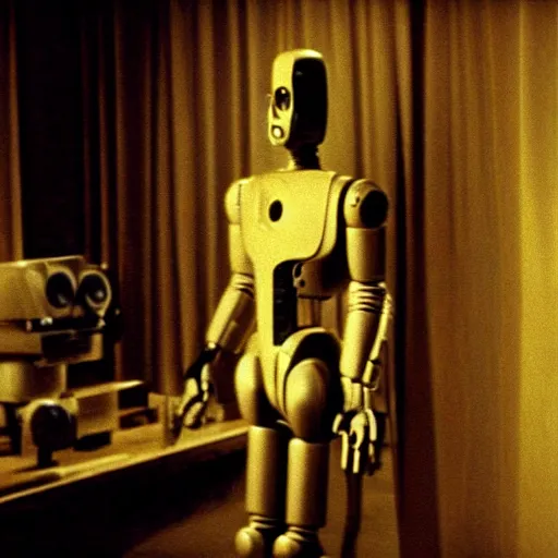 Image similar to movie still of robot dali, cinematic composition, cinematic light, criterion collection, by david lynch