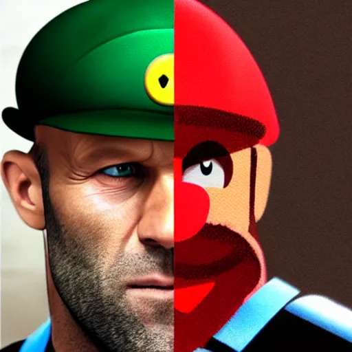 Prompt: jason statham in the movie super mario bros dressed as mario