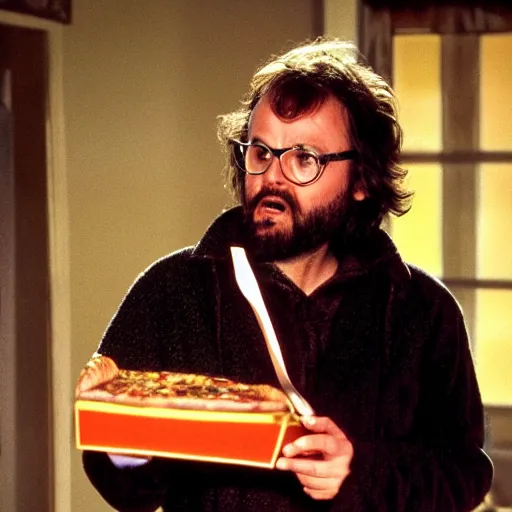 Prompt: Rick Moranis staring as Macready the pizza delivery guy, but really skinny and bald, movie still, cinematic Eastman 5384 film