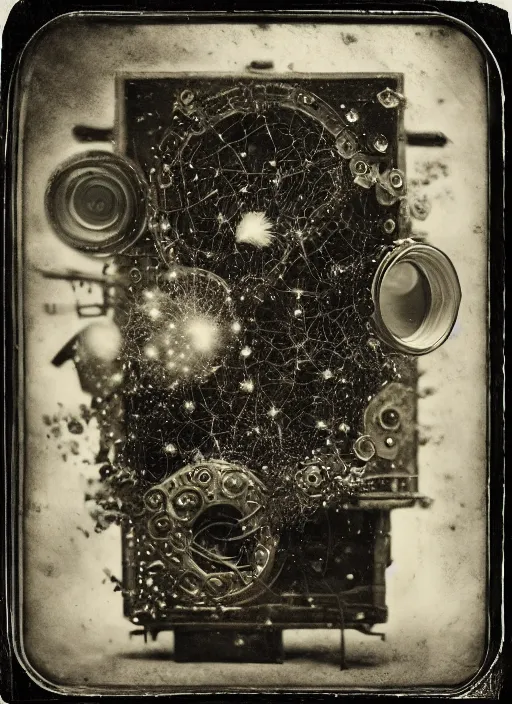 Prompt: old wetplate daguerreotype portrait of the imploding universe, explosion of data fragments, fractal, intricate, elegant, highly detailed, parallax, leica, medium format, subsurface scattering, by jheronimus bosch and greg rutkowski and louis jacques mande daguerre