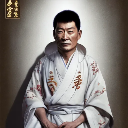 Image similar to portrait painting of a 3 5 - year - old chinese man, taoist priest, dressed in taoist robe, like andy lau, immortal bone, affable ， wenjun lin, unreal engine 5 highly rendered, global illumination, radiant light, detailed and intricate environment
