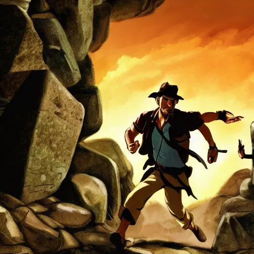 Image similar to Indiana Jones being chased by a boulder trap underground, boulder chase, inside ancient stone temple background, Indiana Jones running away from big round stone, raiders of the lost ark, detailed background, anime key visual