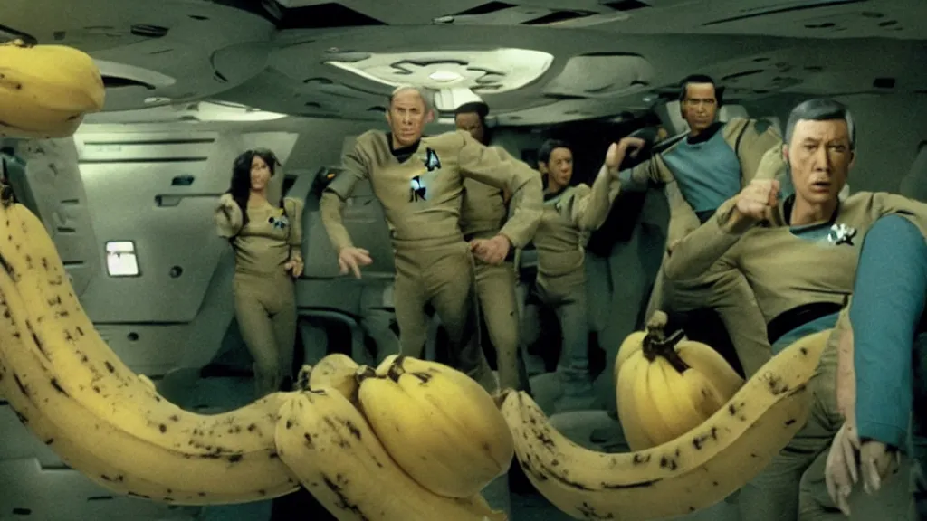 Image similar to a giant monster made of bananas killing crew on star trek, film still from the movie directed by Denis Villeneuve with art direction by Salvador Dalí, wide lens