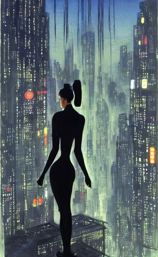 Image similar to an elegant Black woman in dress and heels, her back is to us, looking at a futuristic Blade Runner city, by Robert McGinnis.