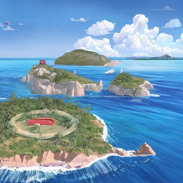 Image similar to a remote island research station in the middle of the ocean, rhads!!!, magical realism, archipelago!, urban fantasy, saturday morning cartoon, clean linework, ( alexander archipenko ), western animation