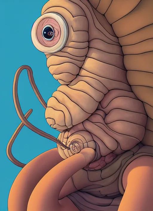 Prompt: caricature picture of a human snail, professionally color graded, unique, interesting angle, sharp focus, 8 k high definition, insanely detailed, intricate, funny, art by jacob shaw and studio ghibli
