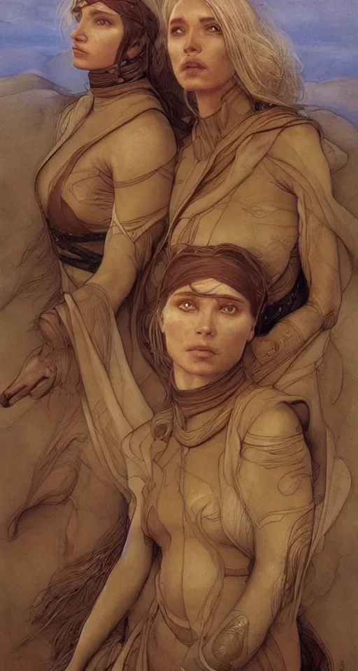 Image similar to beautiful female fremen on dune, by edgar maxence artgerm ross tran and michael whelan and gustav klimpt