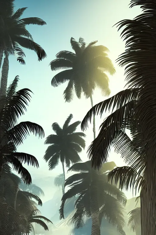 Image similar to a beautiful illustration on paper of a palm tree, 8 k, frostbite 3 engine, cryengine, dof, trending on artstation, digital art by robert gibbings, crepuscular ray