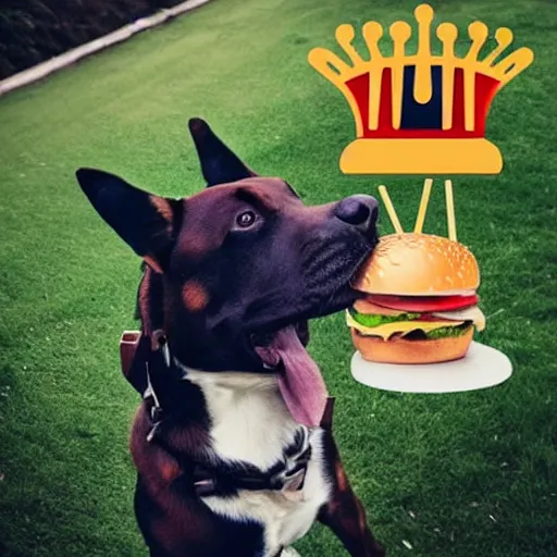 Prompt: a dog eating a big mac while wearing a burger king crown, award winning photography