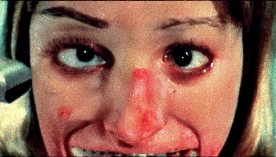 Prompt: 7 0 s film still from a horror movie of a young adult with toenails for eyelids, kodachrome, cinecolor, cinestill, photorealism, cinematic, film grain, film texture, vhs recording