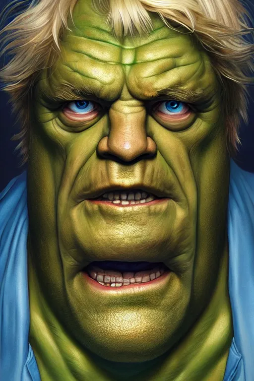 Image similar to Boris Johnson as Hulk, visible face, realistic portrait, gold and blue, highly detailed, digital painting, artstation, concept art, smooth, sharp focus, illustration, cinematic lighting, art by artgerm and greg rutkowski and alphonse mucha