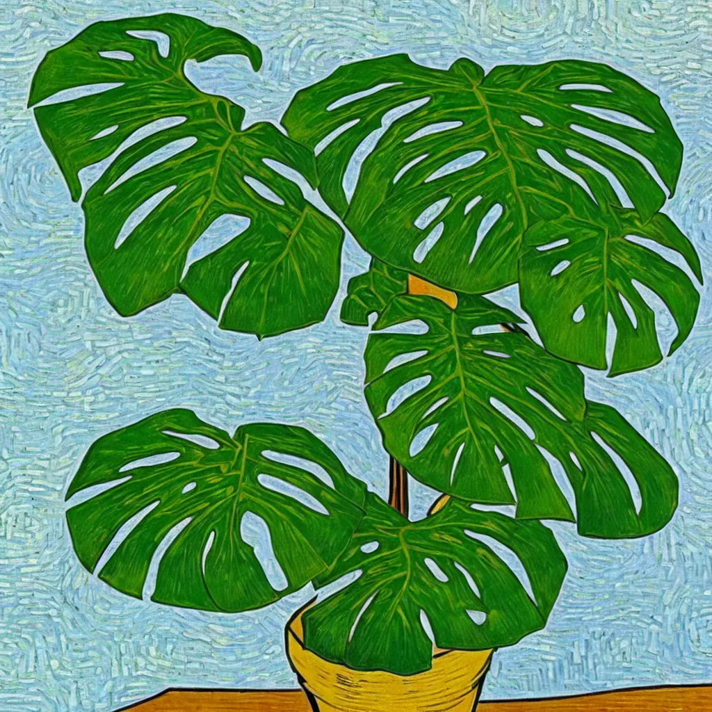 Prompt: A beautiful variegated monstera plant on a table in the style of Van Gogh