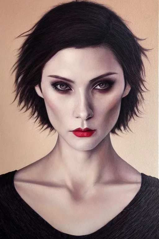 Prompt: Beautiful oil painting of Alice Cullen by Chie Yoshii, portrait, pale skin, short black pixie cut hair, symmetrical face, black dress, dramatic lighting, sharp focus, smooth, Ashley Greene