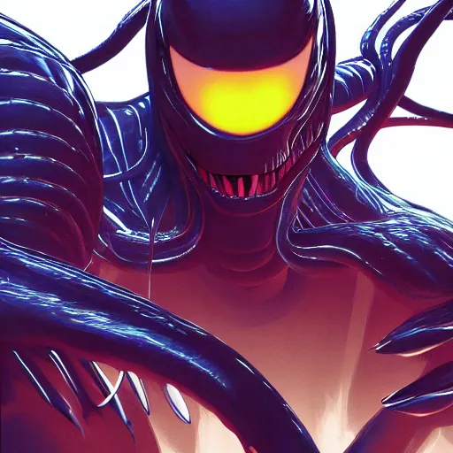 Image similar to venom symbiote, soft light, mekka, behance, vector, highly detailed illustration, realistic, artstation. com, by kunio okawara, yoshikazu yasuhiko, syd mead, mamoru nagano,