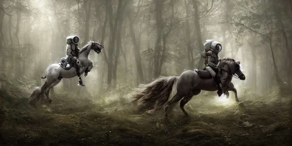 Image similar to an astronaut riding on the back of a white horse through a forest, a detailed matte painting by frieke janssens, featured on cgsociety, fantasy art, matte painting, reimagined by industrial light and magic, matte drawing