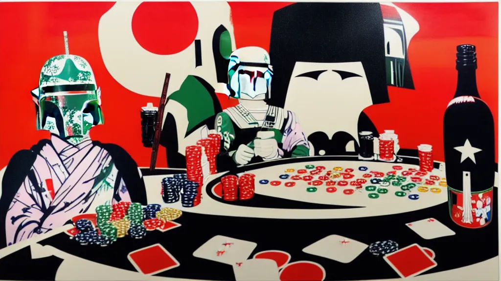 Image similar to woman in a black japanese kimono, sitting at an extremely detailed poker table with the boba fett, sake on the table, fireworks and stars on the background, by andy warhol, by roy liechtestein, canvas, acrylic paint, ivory palette, 4 k, ultra - hd