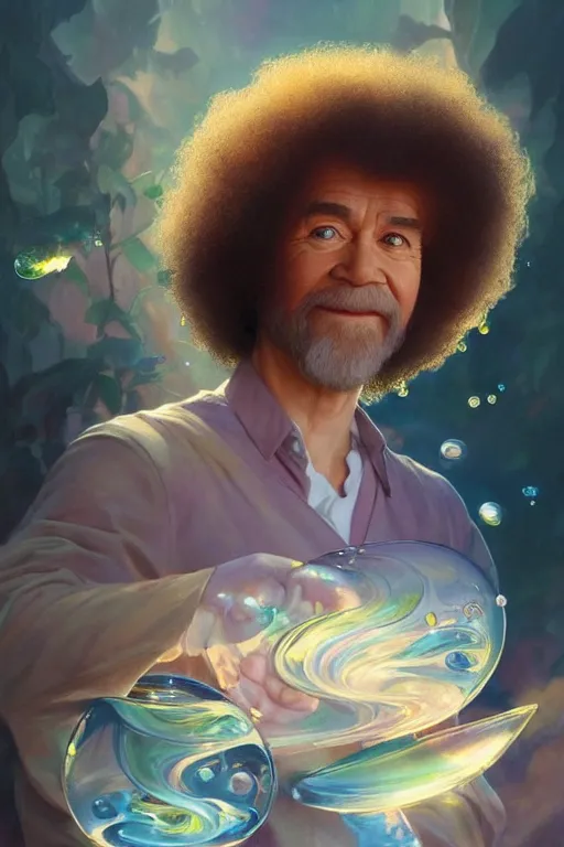 Image similar to bob ross, dreamy and ethereal,, fantasy, intricate, elegant, rainbow bubbles, highly detailed, digital painting, artstation, concept art, smooth, sharp focus, illustration, art by artgerm and greg rutkowski and alphonse mucha